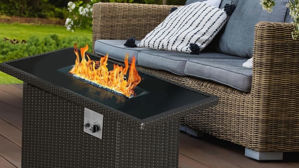 PRIMETEK Wicker Fire Pit Table for Patio Comfort