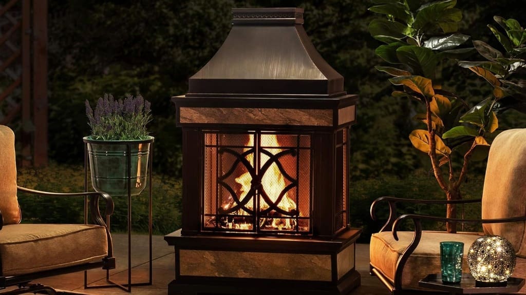 Sunjoy Copper Patio Wood Burning Steel Fireplace with Chimney