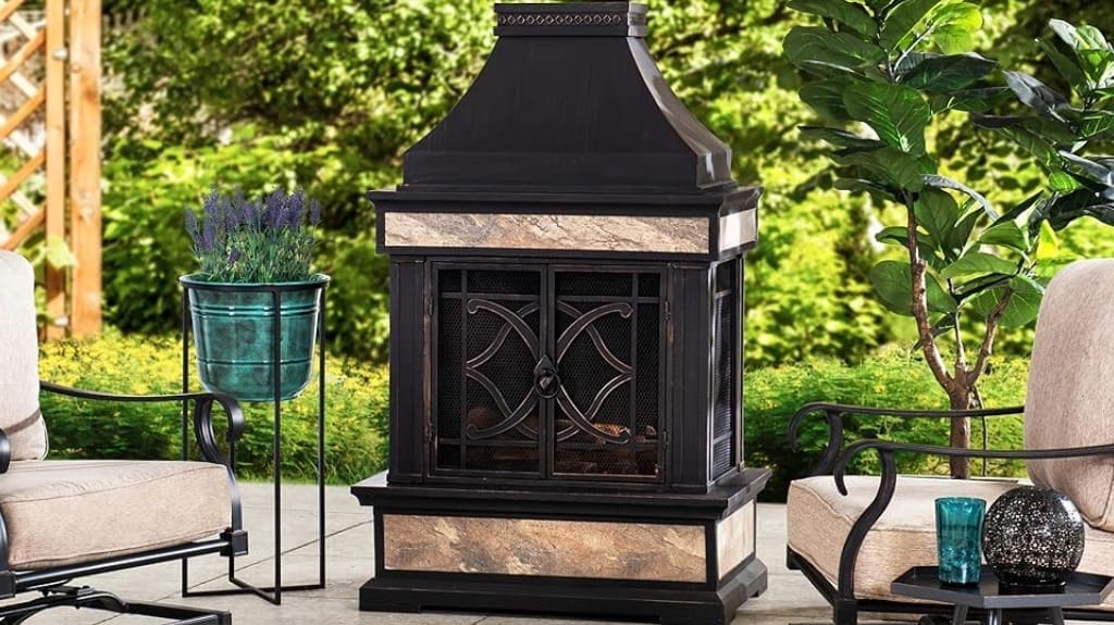 Sunjoy Outdoor Fireplace - Heirloom Patio Wood Burning Steel Fireplace with Chimney