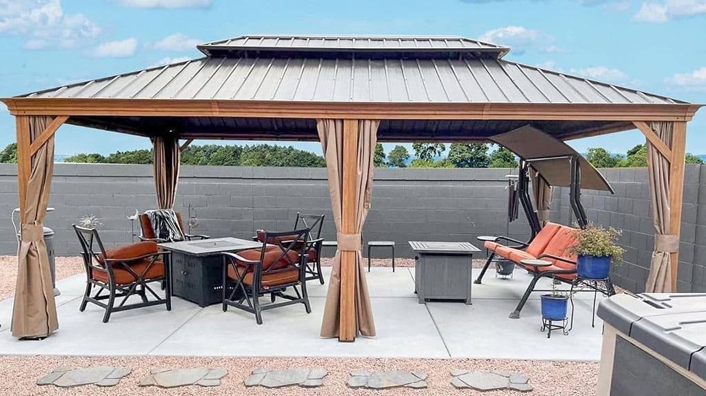 Domi Outdoor Living Hardtop Gazebo Canopy - Outdoor Permanent Metal Pavilion with Curtains, Netting & Double Roof for Patio