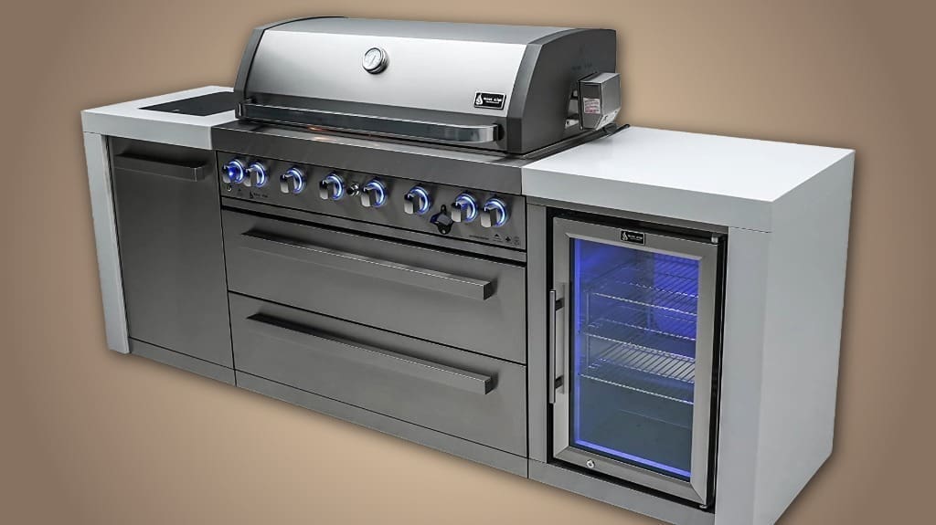 Mont Alpi Stainless Steel Deluxe Modular Outdoor Kitchen Island - BBQ Grill with Fridge Cabinet - Infrared Rear & Side Burner - Granite Countertops & Rotisserie