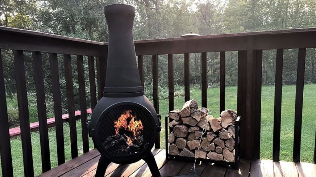 The Blue Rooster Prairie Fire Chiminea Outdoor Fireplace - Wood Burning Cast Aluminum Deck Firepit