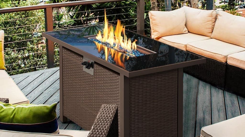 Yaheetech 43" Propane Fire Pit Table with Tempered Glass Tabletop & Rattan Wicker Base - Rectangle Fire Table for Your Deck