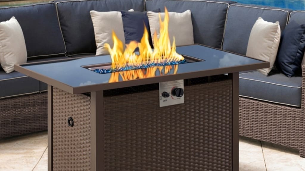 Yaheetech 43" Propane Fire Pit Table with Tempered Glass Tabletop & Rattan Wicker Base - Rectangle Fire Table for Your Patio