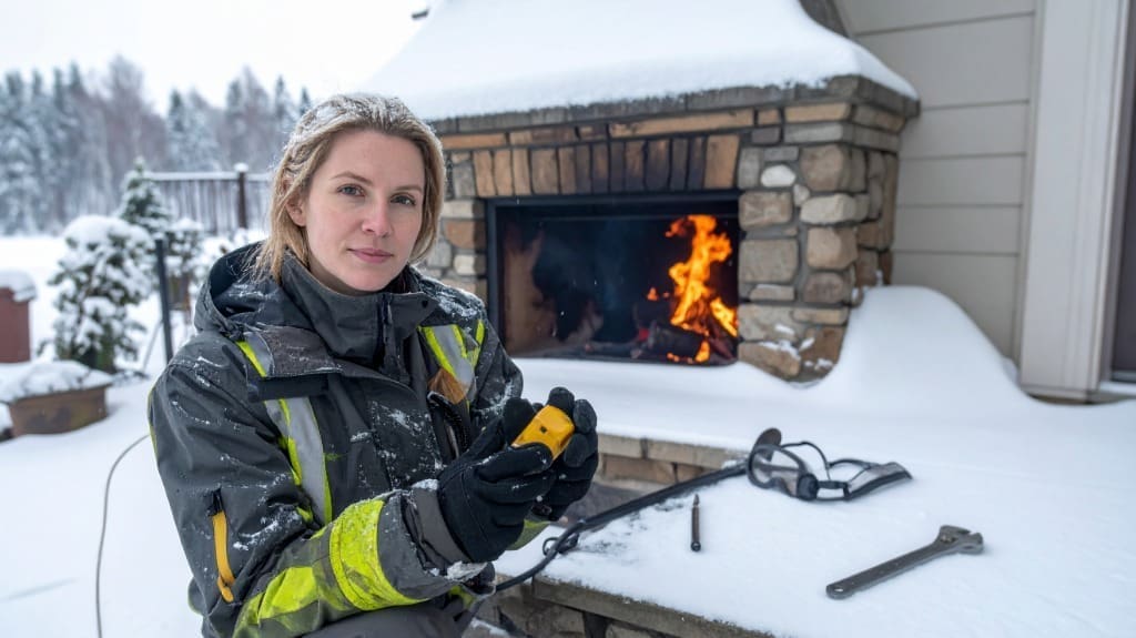 midwinter outdoor fireplace inspection